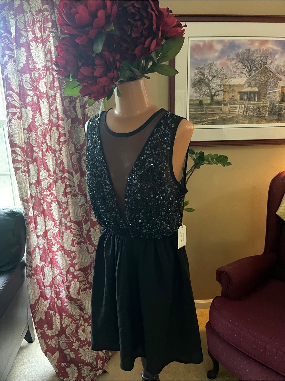 Black Sequin Mesh V-Neck A-Line Dress